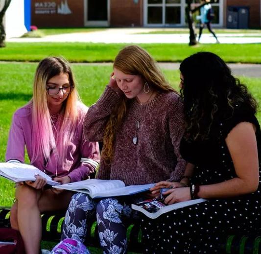 students reading on campus